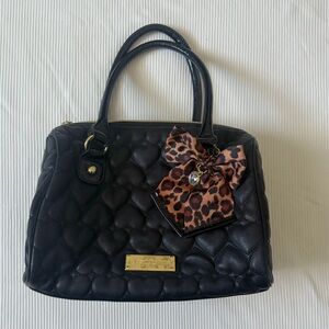 Betsey Johnson Black and Brown Quilted Satchel with Floral Embellishment
